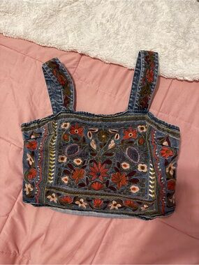ArulaEmbroidered Denim Crop Top